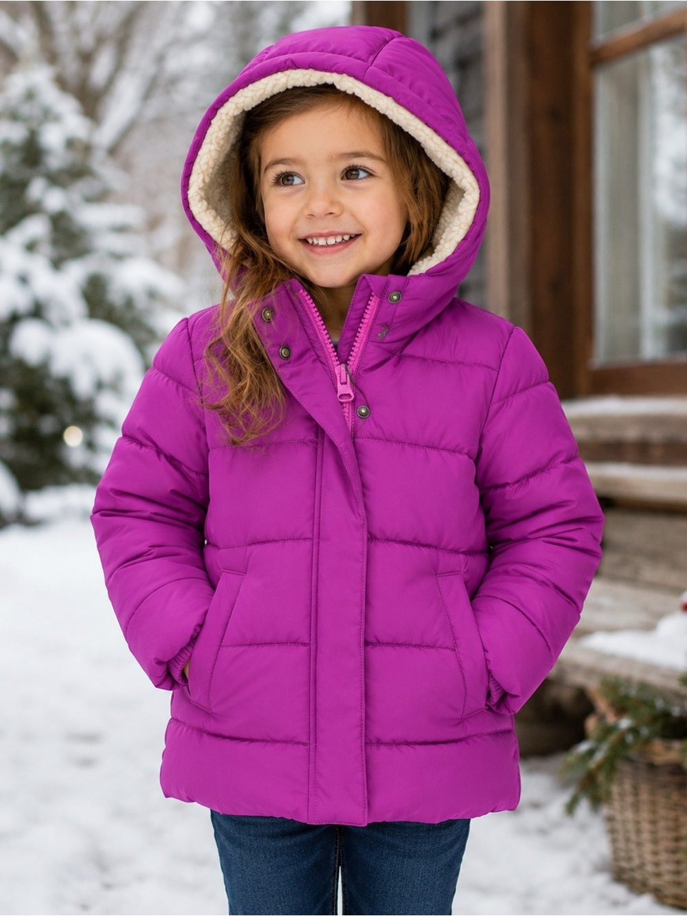 Primary Girls Size 3 Purple Puffer Coat Sherpa Hood Winter Jacket